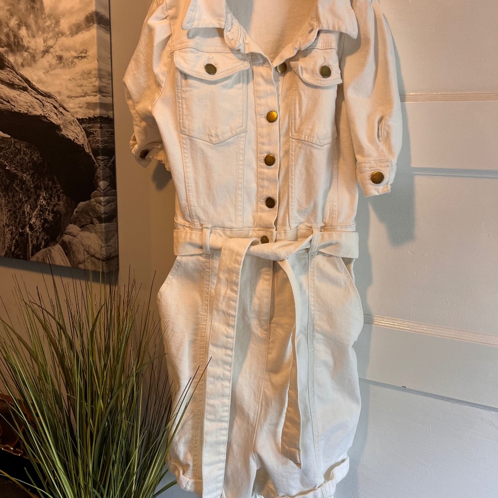 Avec Les Filles white denim utility romper